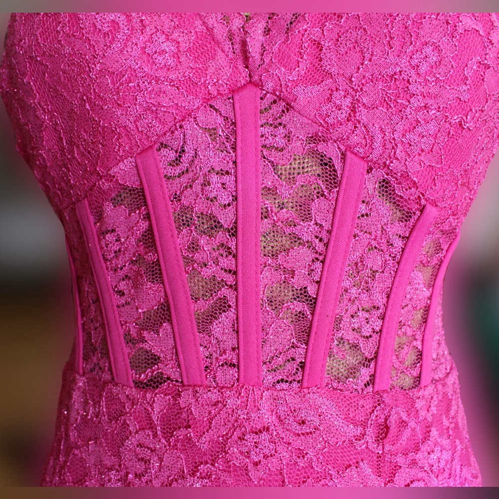 Morgan & Co. | Hot Pink | Corset | Sparkle Lace | Formal Dress | Size: 7 - Picture 4 of 9